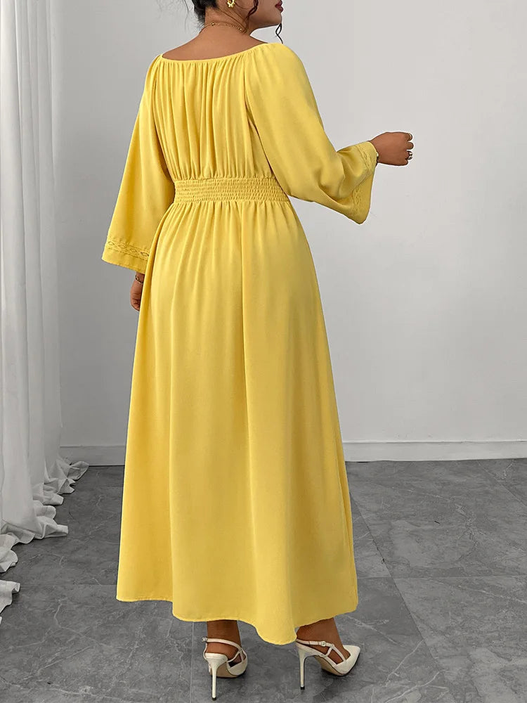 GIBSIE Plus Size Deep V-neck Sexy Long Dress Women Autumn 2025 New Solid Party Elegant High Waist Elastic A-Line Dresses