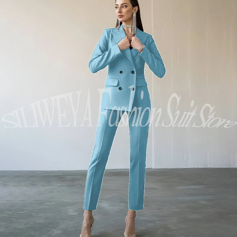 Fashion Chic Burgundy Red Purple Women Suit Double Breasted 2 Piece Jacket Pants Blazer Set Slim Fit Office Lady Female Clothing