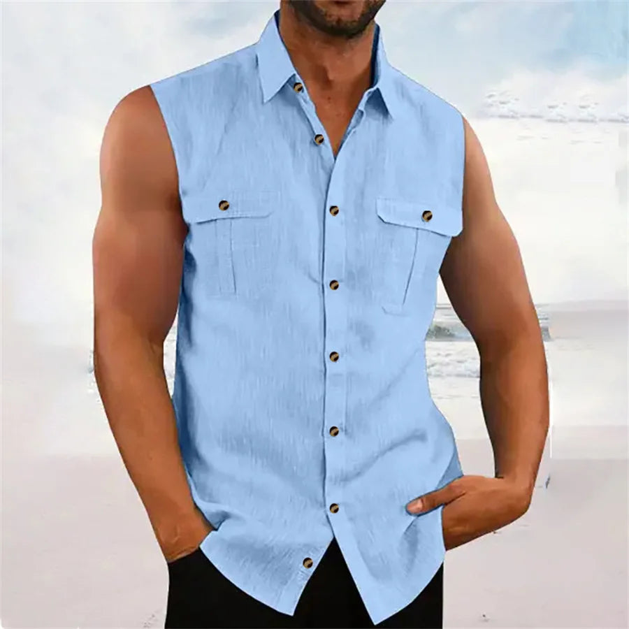 2025 New Summer Men's Linen Tank Tops Casual Solid Color Turn Down Collar Sleeveless Shirts Pockets Fashion Streetwear Vest