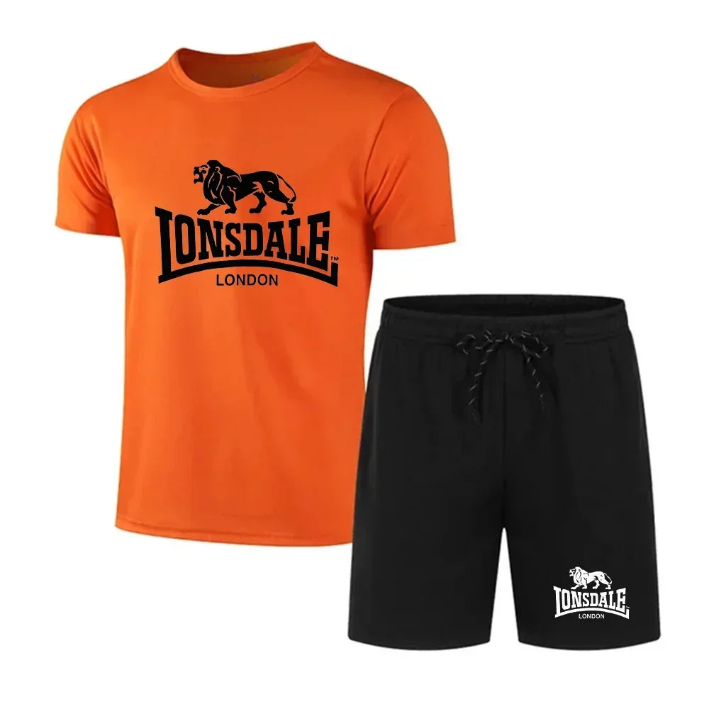 Men's summer T-shirt+shorts mesh set Lonsdale printed quick drying breathable sports set short jogging gym casual sportswear