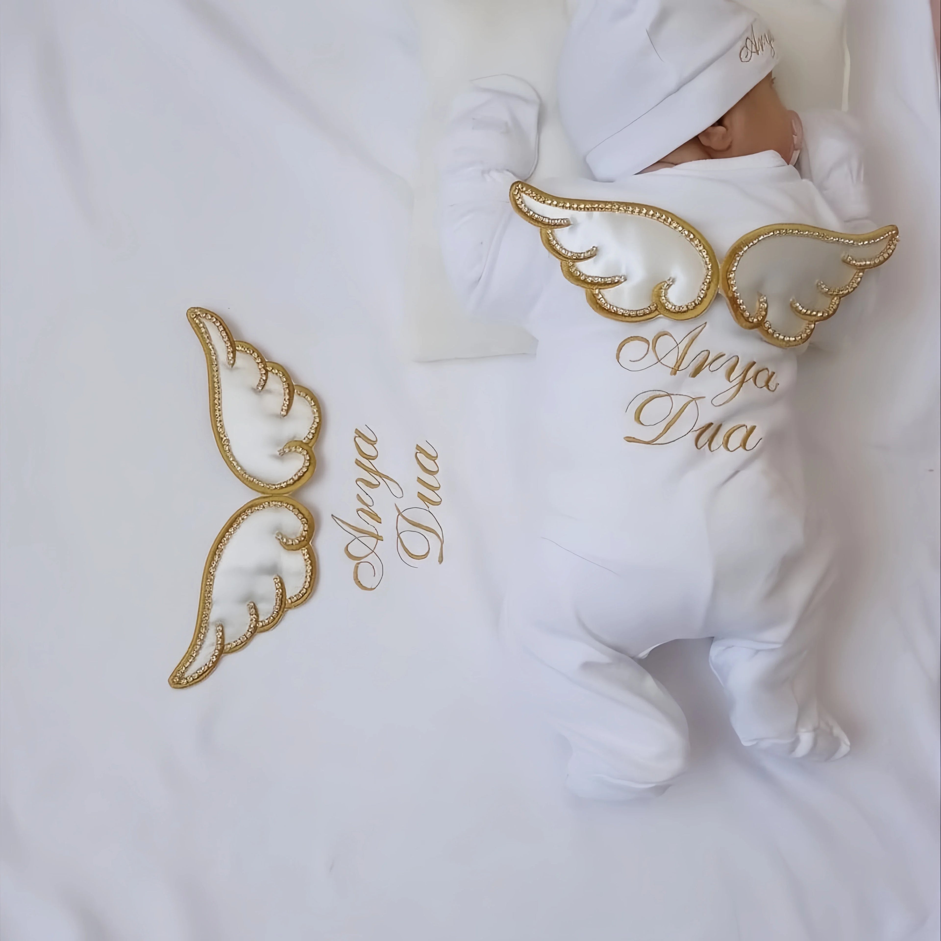 Dollbling 5pcs Wings Outfits Any Name Personalized Sweetwood Embroidery Gift Set Baby Pajamas Hat Welcome Home Ceremonial dress