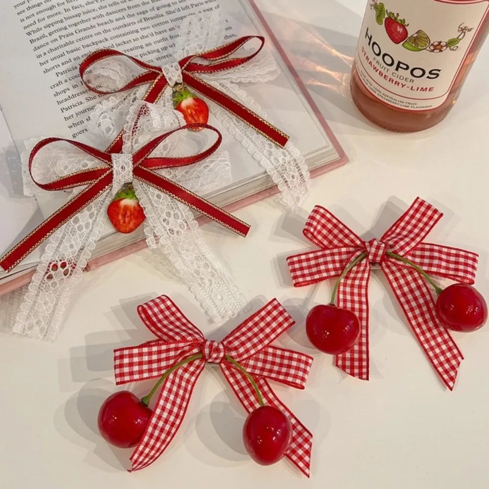 1 paire pince à cheveux cerise rouge barrettes mignonnes couvre-chefs tissu nœud fraise épingles à cheveux côté nœud fleur de tête épingles à cheveux filles