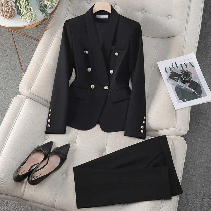 NAVIU Female Uniform Business Suits With Pants Elegant Office Blazer Set For Women Work Wear Pants Suit Claret Red Green Black
