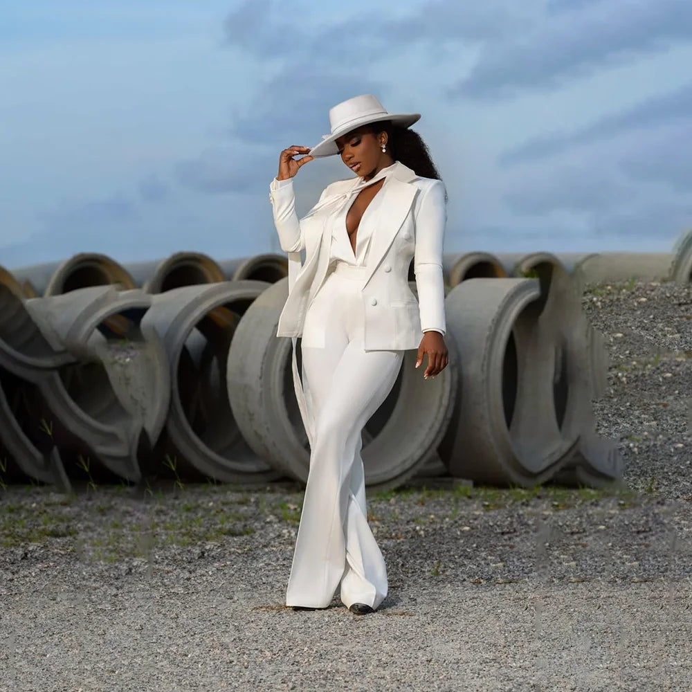 Fashion Pure White Female Suit 2 Pieces Jacket Pants Women Ladies Evening Party Tuxedos Formal Work Wear For Wedding