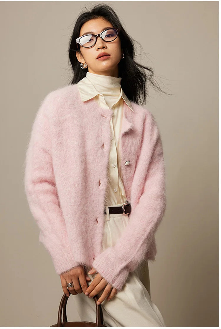 Winter Alpaca Wool Knitted Cardigan Women Soft Round Neck Single Breasted Loose Button Sweater Coat