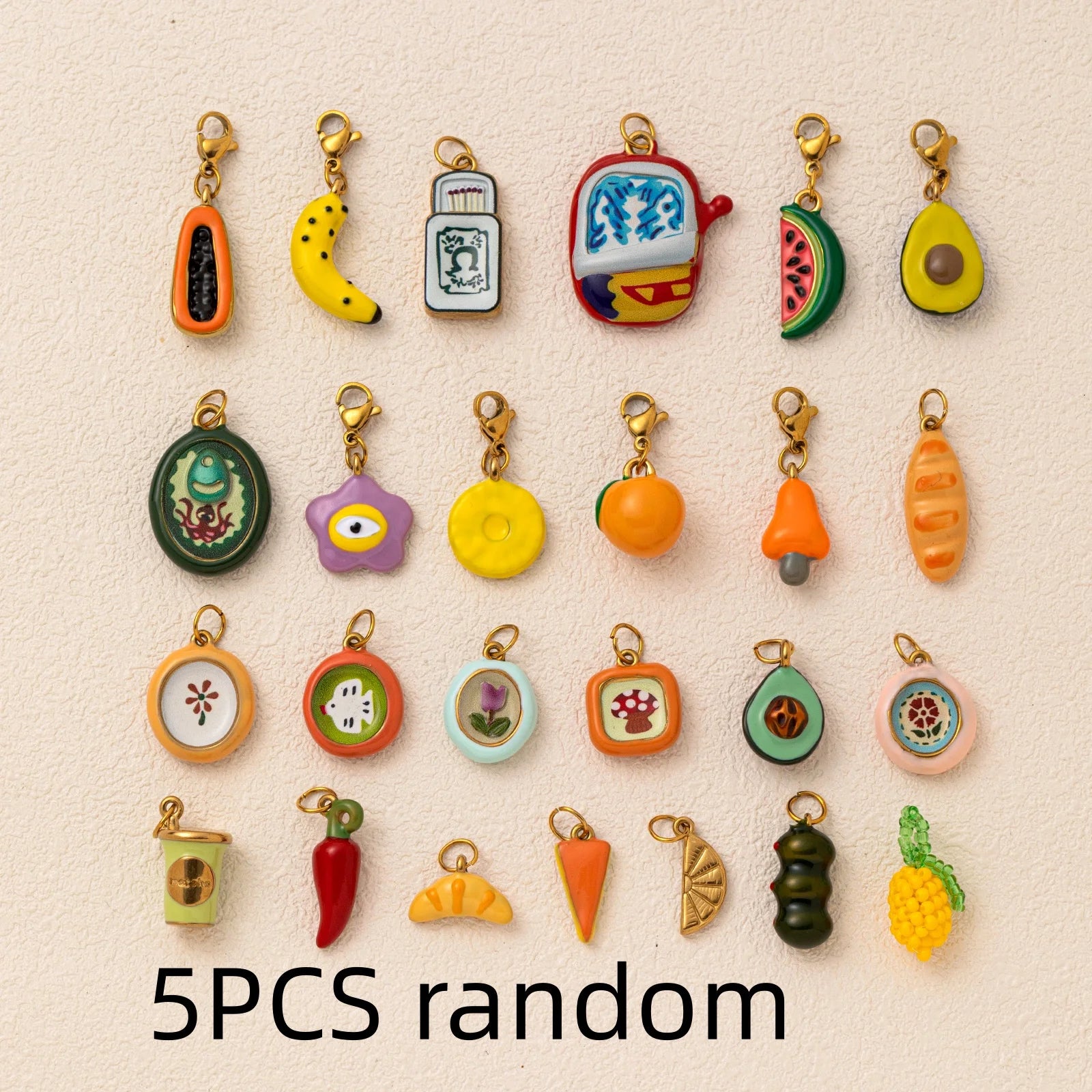 Wholesale 5pcs/lot 18K gold-plated DIY enamel stainless steel pendant, colorful fruit and food handmade jewelry accessories