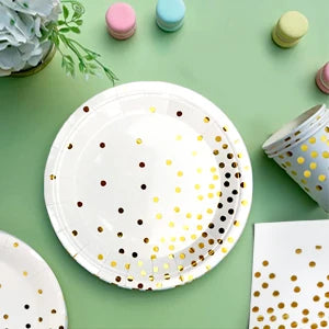 White And Gold Party Supplies 121pcs Golden Dot Disposable Party Dinnerware Set - White and Gold Party Paper Plates Cups Napkins