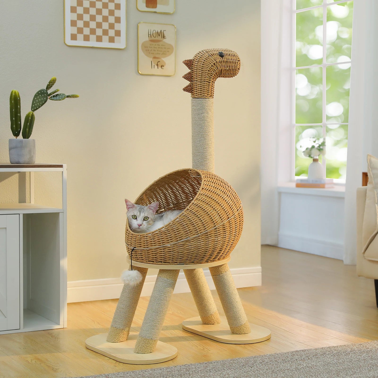 Dinosaur Cat Tree Tower with Sisal Scratching Post Large Rattan Cat Condo for Indoor Wicker Cat Bed with Removable Mat Cat Toys