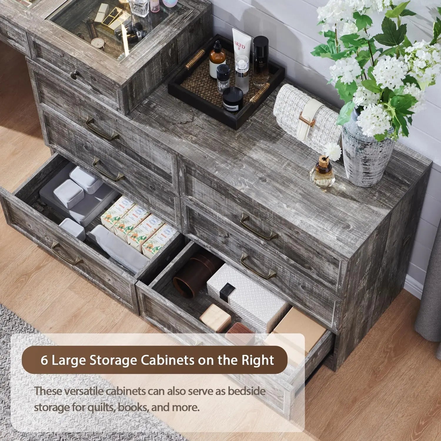 Rustic wood bedroom dresser, 69" wide, with glass top, 9 large storage drawers, 3 usable color lights and 30" HD LED mirror