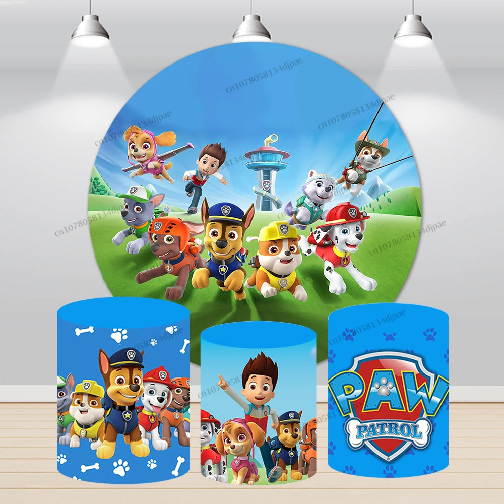 Paw Patrol Background Round Photo Boy Kid Birthday Party Backdrop Blue Runing Hero Dog Cylinder Elastic Cover Decorations Banner