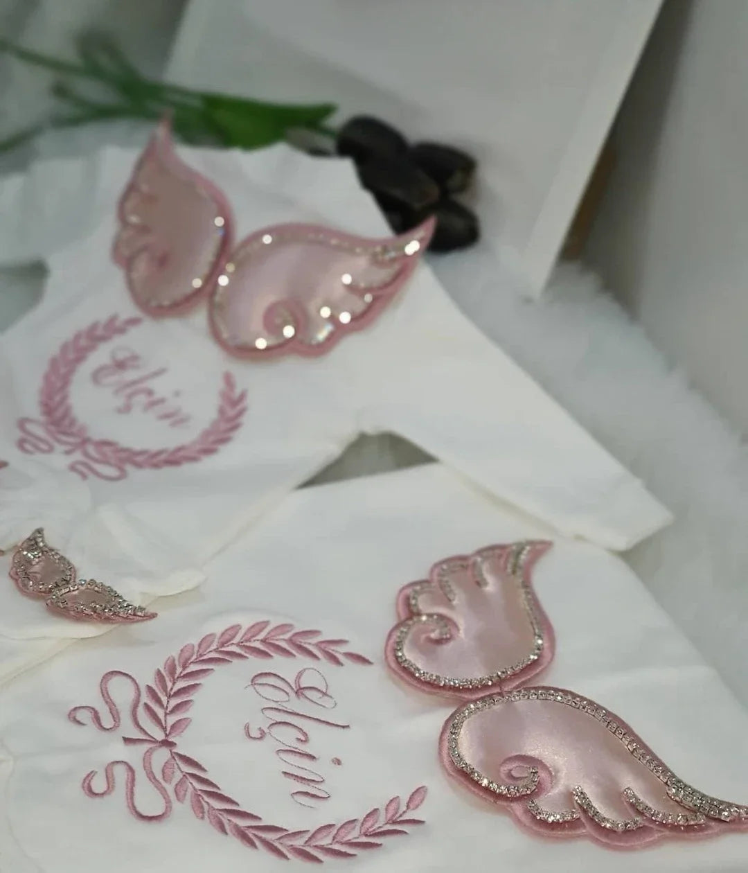 Dollbling 5pcs Wings Outfits Any Name Personalized Sweetwood Embroidery Gift Set Baby Pajamas Hat Welcome Home Ceremonial dress