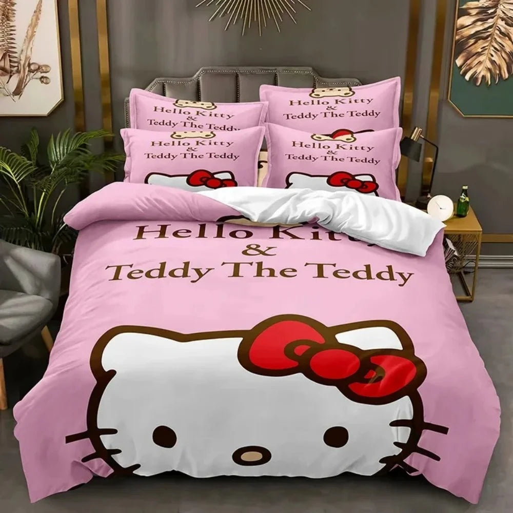 Sanrio Hello Kitty Cartoon Big Size Bedding Set Pink Cats Kawaii Duvet Cover For Girl Kids Single Decor Home Bedclothes Custom