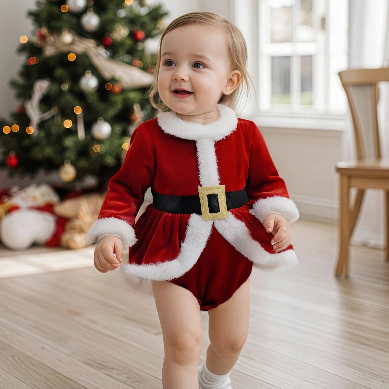 Baby Girl Christmas Outfit Plush Long Sleeve Romper Dress Hat Santa Costume 2 Piece Set