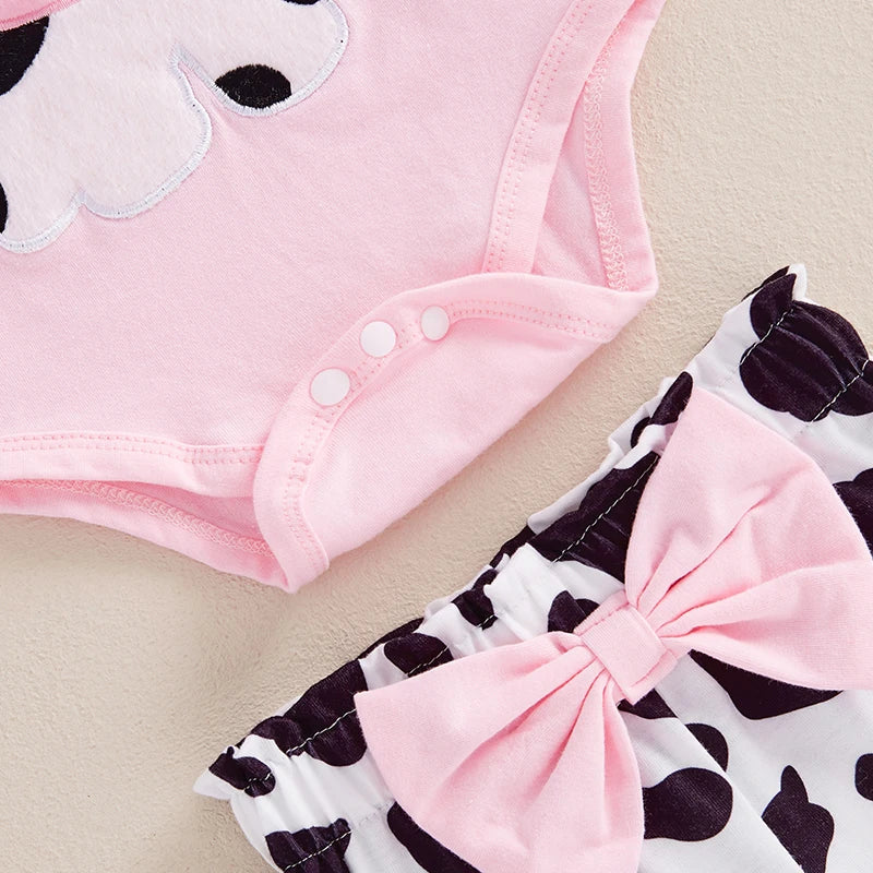 Baby Girl Fall Outfits Cow Embroidery Long Sleeve Romper Long Pants Headband 3Pcs Clothes Set