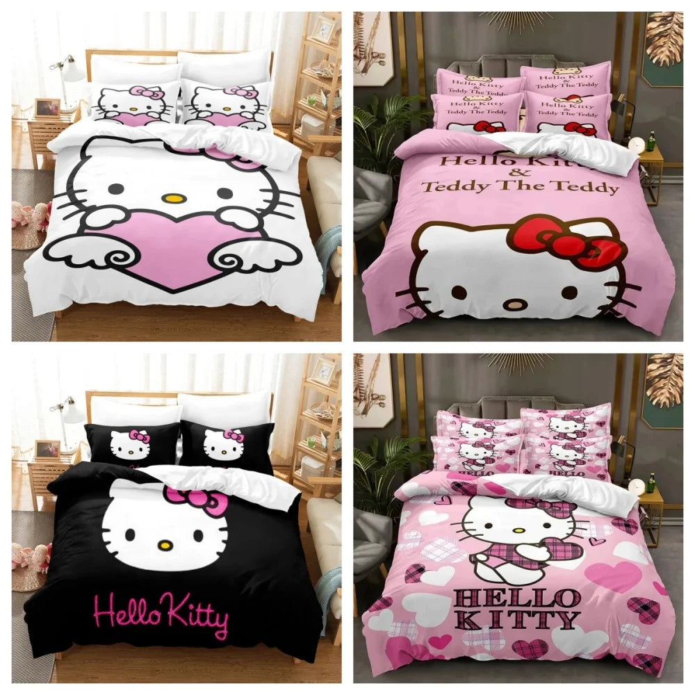 Sanrio Hello Kitty Cartoon Big Size Bedding Set Pink Cats Kawaii Duvet Cover For Girl Kids Single Decor Home Bedclothes Custom