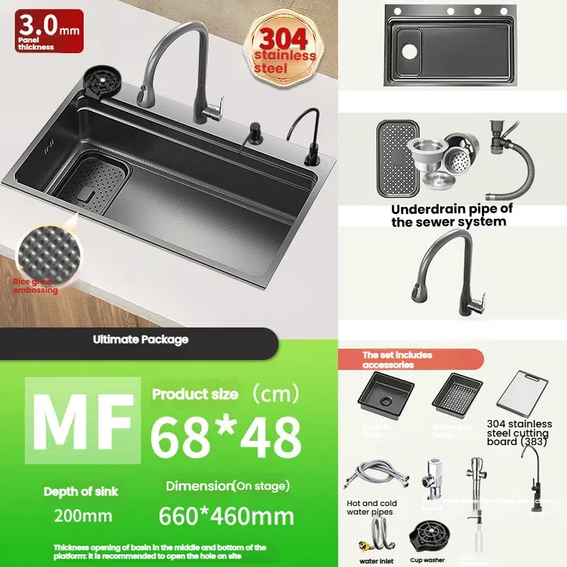 Stainless Steel Gray Kitchen Sink Multifunctional Stain and Scratch Resistant Large Single Slot Household Wash Cuisine Basin