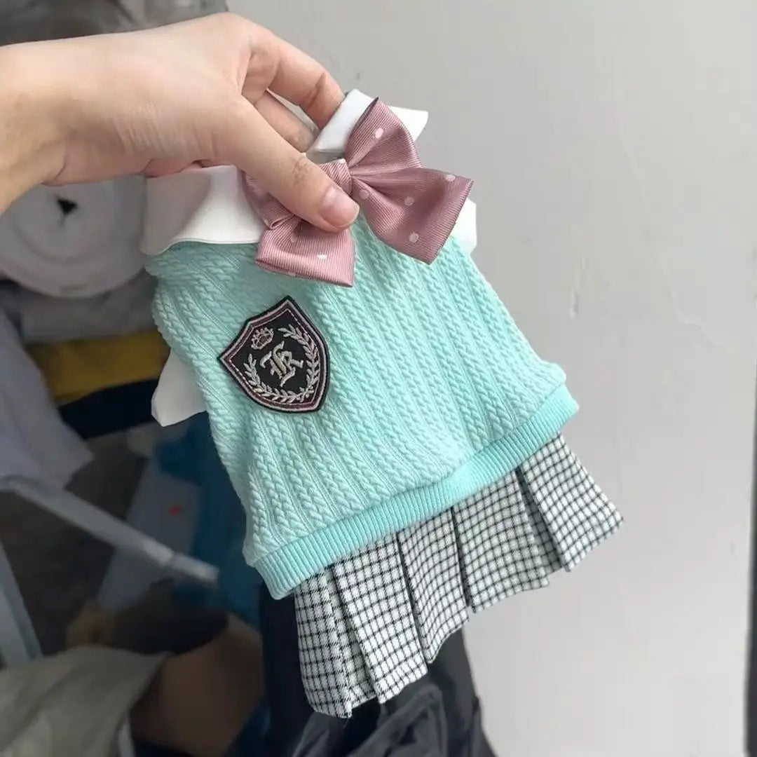 Plaid Pet Sweater For Cats & Small Dogs | Warm Spring Knit Dress With Adjustable Bow Tie | Cute College Style Outfit