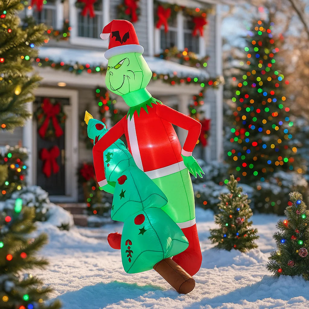 2.1M/6.8FT Christmas Decorations Inflatable Toy Grinch Holding Christmas Trees Home Yard LED Light Decor Christmas Party Toy