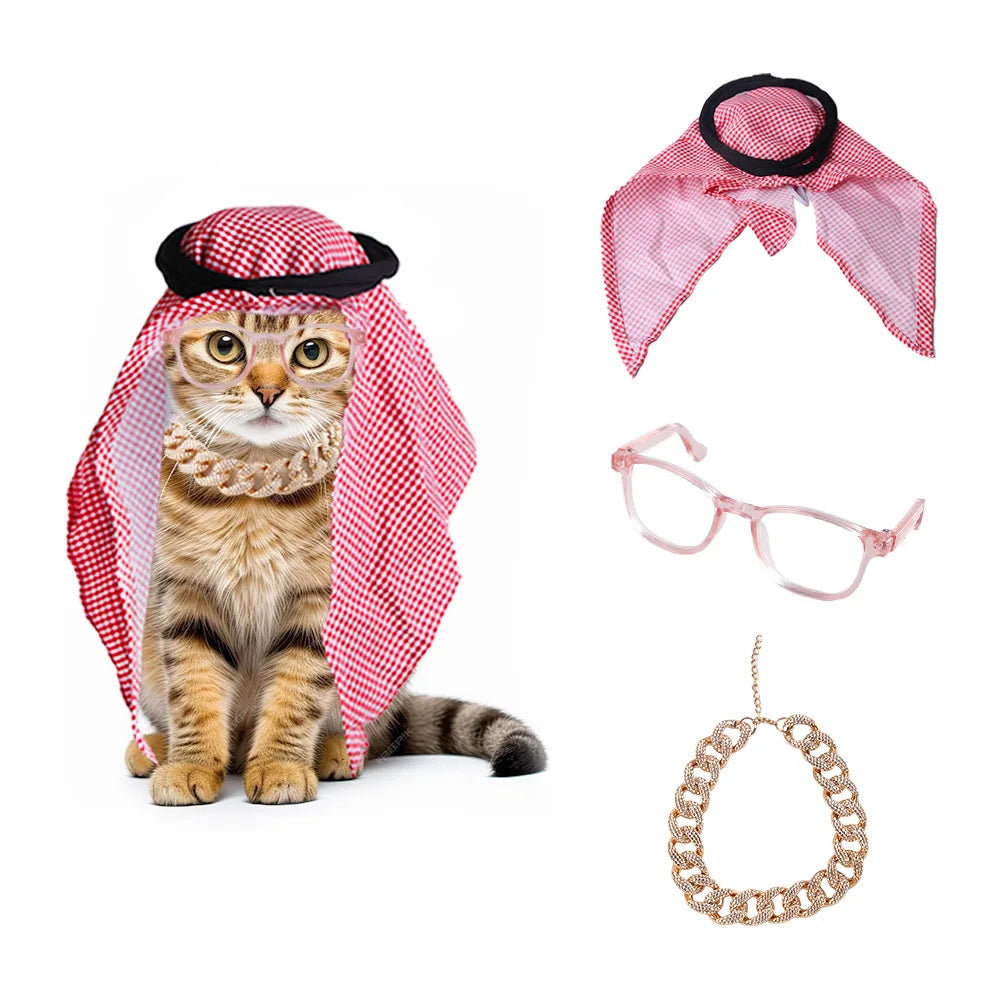 4PCS Set Small Pet Arabic Scarf Set Red Printed Dubai Saudi Style Headscarf Dogs Cats Middle Eastern Costume for Puppy Kitty