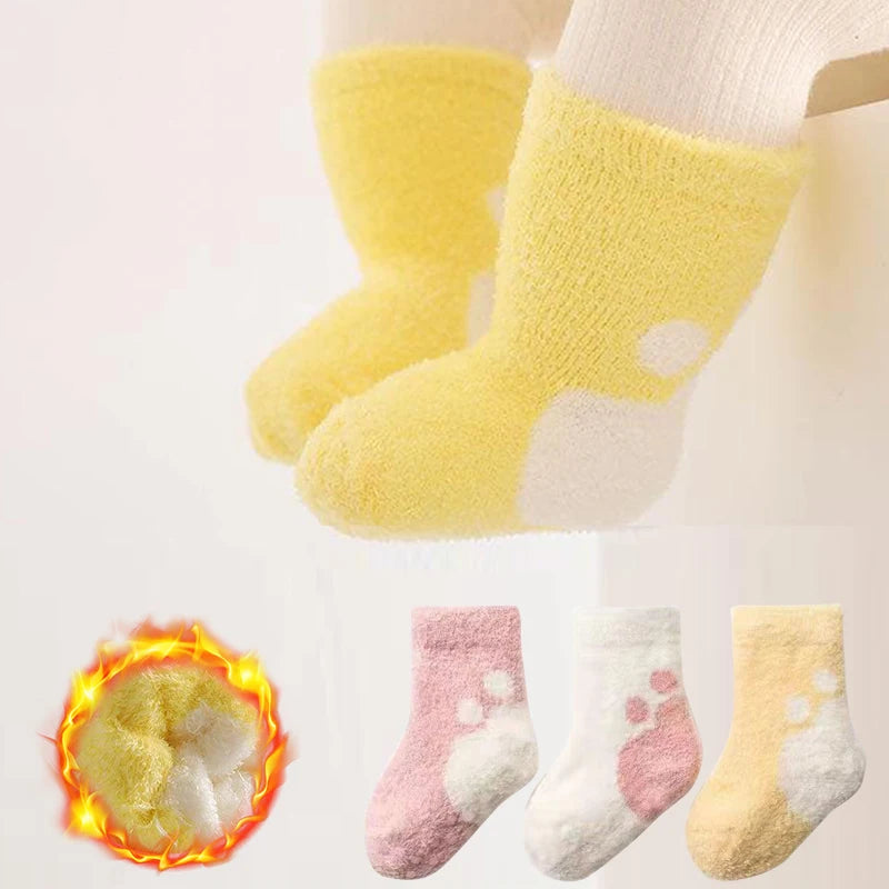 3 Pairs Unisex Newborn Baby Socks Soft Mink-like Fabric Solid Colour Bear Paw Design for Boys And Girls