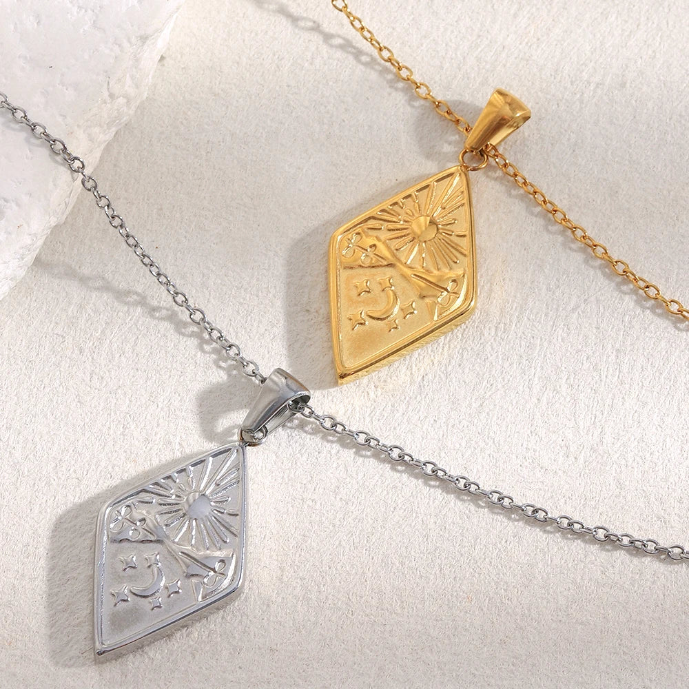 EBbelle 18k Gold Plated Rhombus Shape Moon Sun Pendant Necklace Stainless Steel Waterproof Fashion Unique Women's Jewelry