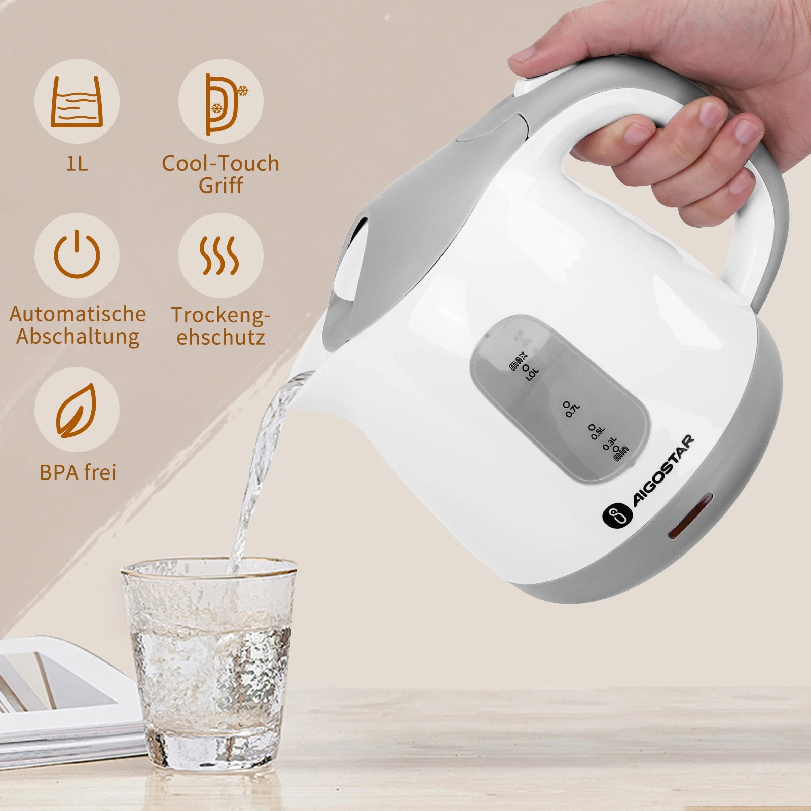 Aigostar Juliet - 1 Litre Compact Kettle, 1100W, Small Kettle, Dual Water Level Indicator, Detachable Anti-Limescale Filter, 360