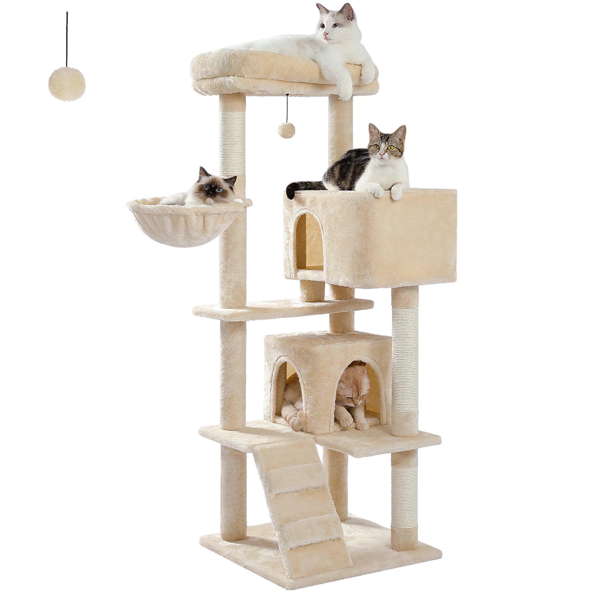 Stable&Safe Multi-Level Cat Tree Tower with Cozy Condo,Scratching Posts&Boards,Perches,Hammock,Pompoms for Active Cats,Cat Toys