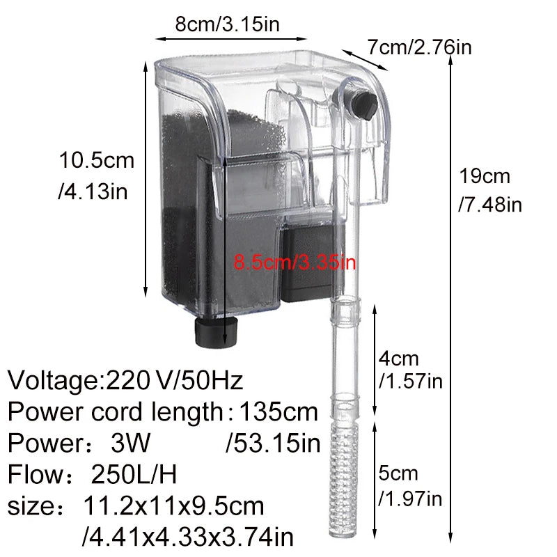 فلتر حوض السمك، مضخة مياه صامتة، دورة تنقية، فلتر خارجي، زيادة الأكسجين، شلال 220 فولت 3 وات 250 لتر/ساعة