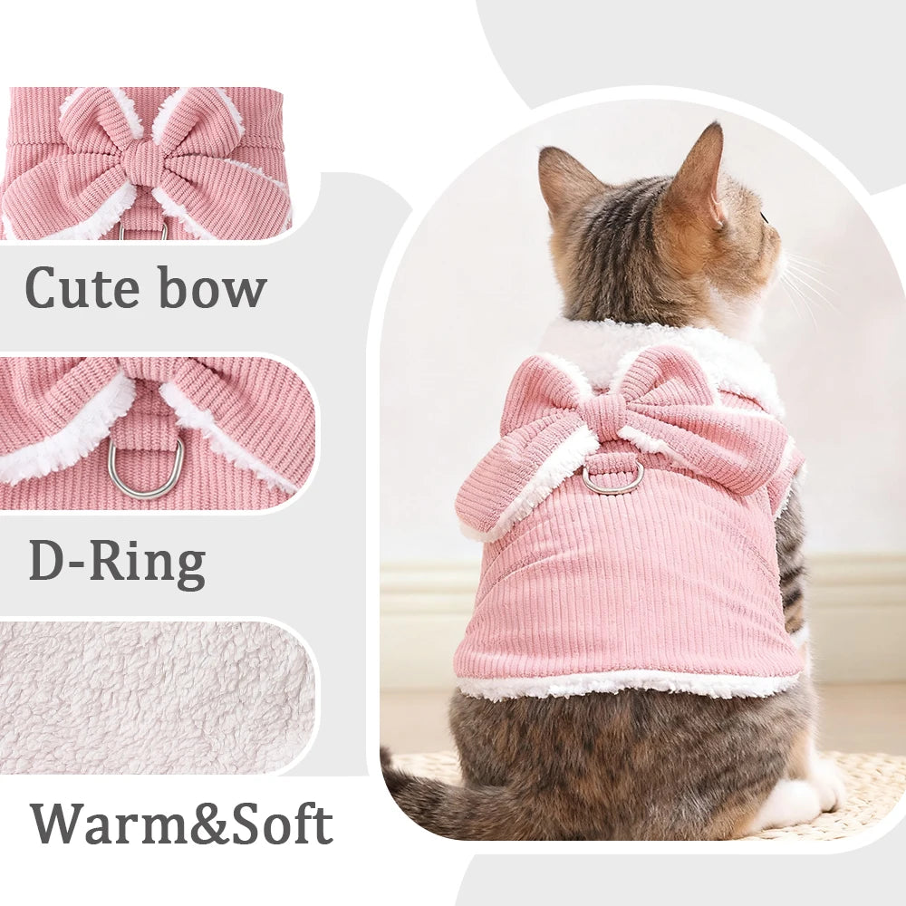 Winter Pet Clothes Cozy Thicken Fleece Solid Kitten Sweater For Small Cats Dogs Cute Bow Jacket Coat With D-Ring Sphynx Costume