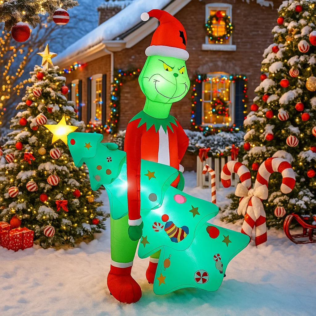 2.1M/6.8FT Christmas Decorations Inflatable Toy Grinch Holding Christmas Trees Home Yard LED Light Decor Christmas Party Toy
