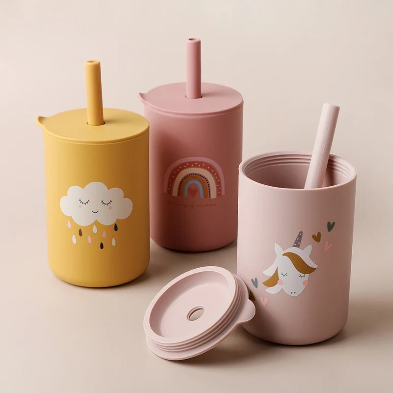 Baby Feeding Drinkware Straw Cup Baby Cartoon Learning Feeding Cup Food Grade Silicone Toddler Water Bottle Tableware BPA Free