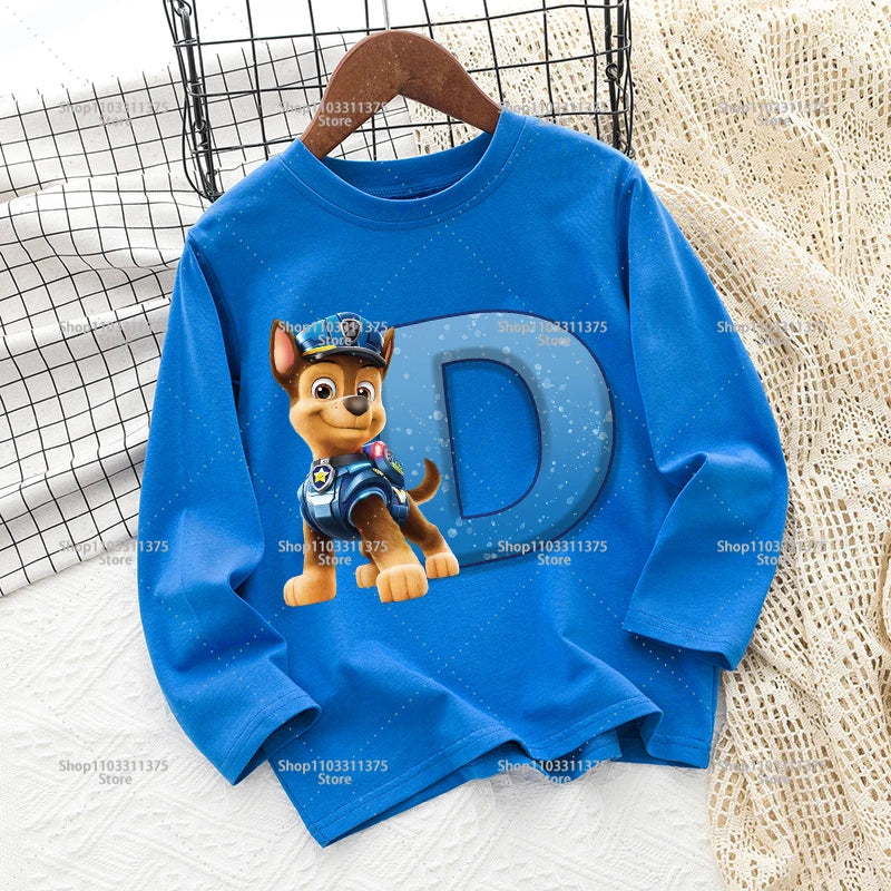 Cute PAW Patrol T-shirt Letter A-Z Print Top Long Sleeve Fashion Summer Boys Clothes Cartoon Kids Birthday Gift Outdoor Wear Tee
