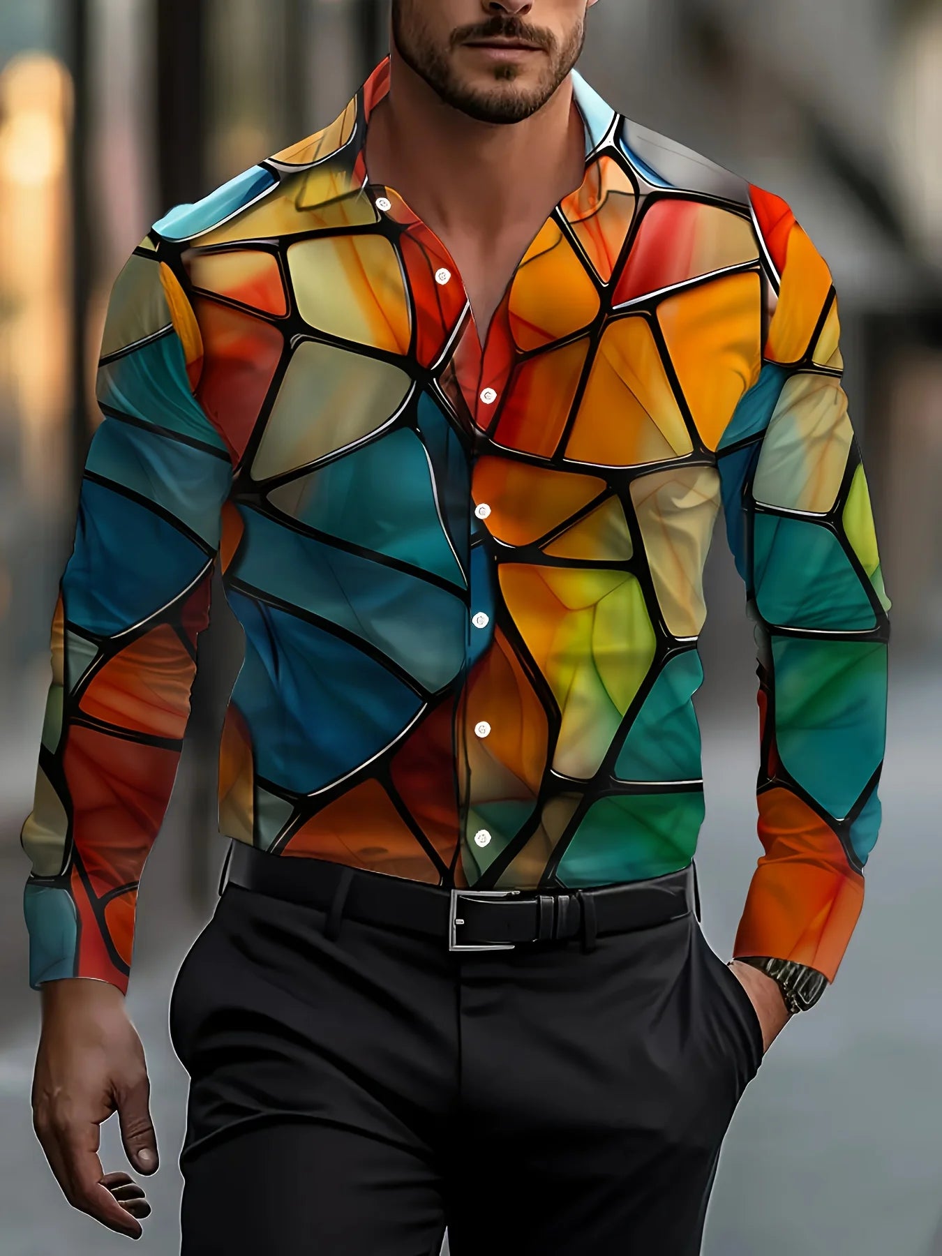 Men's long-sleeved shirts, bold abstract prints - bright colour-block designs, classic peak lapels and button-down plackets