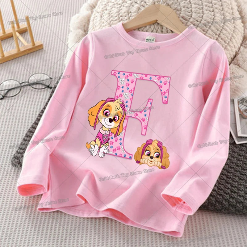Paw Patrols Skye Letter A-Z T-shirt for Girl Long Sleeve Cotton Tops Cute Cartoon Print Children Tee Autumn Casual Kids Clothes