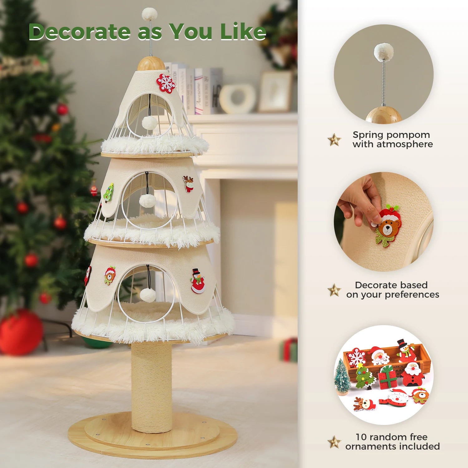 Christmas Cat Tree Tower with 3 Cozy Condos &amp; Pompoms Multi-Level Cat House Bed for Indoor Cats Modern Cat Furniture Cat Toys
