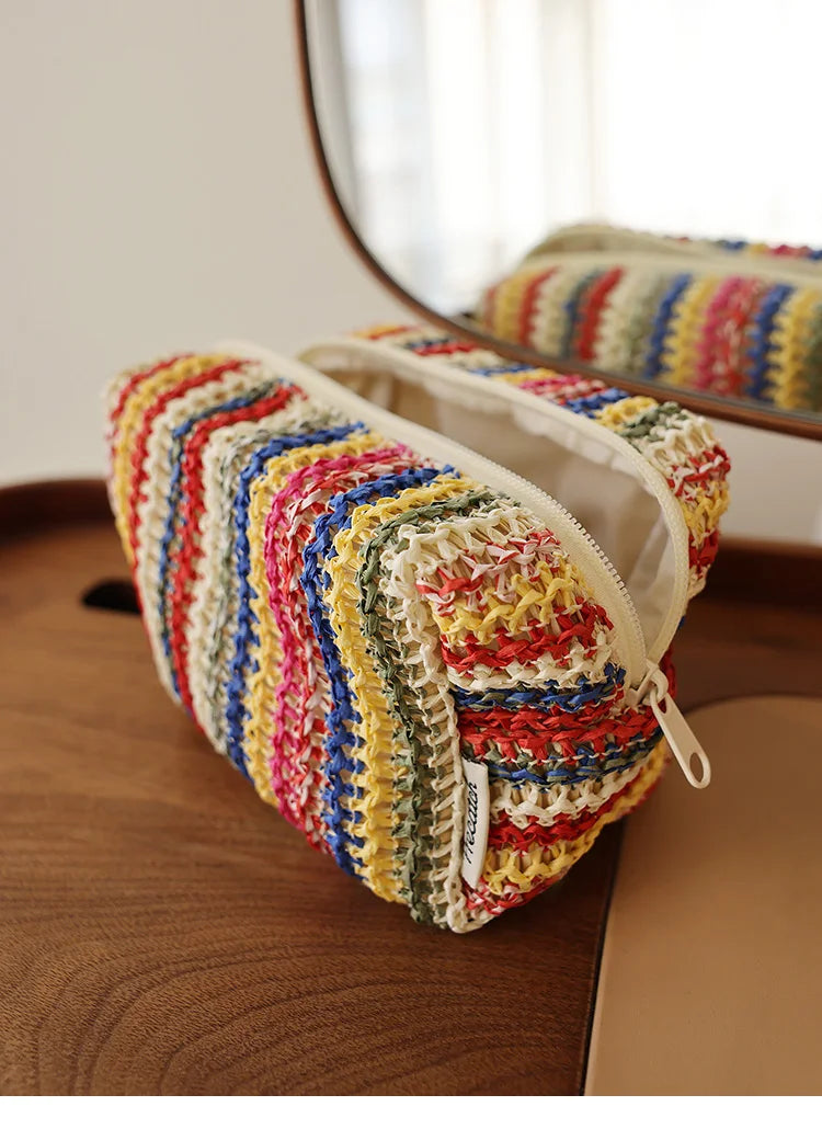 Colorful Knitted Cosmetic Bag Travel-Friendly Handbag Toiletry Pouch Women's Cosmetics & Skincare Organizer On-the-Go Bag-in-Bag