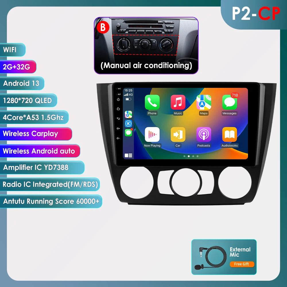 Hizpo 9inch 2Din Android13 Car Radio for BMW 1 Series E81 E82 E87 E88 AT MT Navigation GPS RDS DSP Android Auto CarPlay 360° CAM