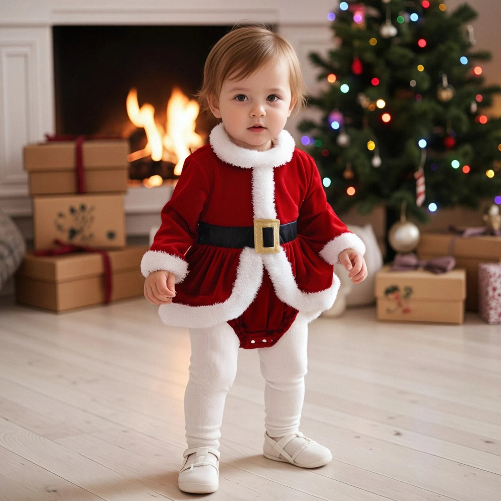 Baby Girl Christmas Outfit Plush Long Sleeve Romper Dress Hat Santa Costume 2 Piece Set