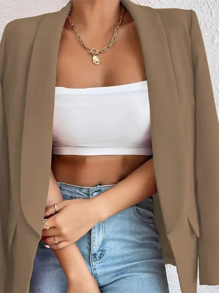 Elegant Casual Solid Color Blazer Vintage Formal Business Chic Suit Jackets Female Outerwear Long Sleeve Open Stitch Slim Coats