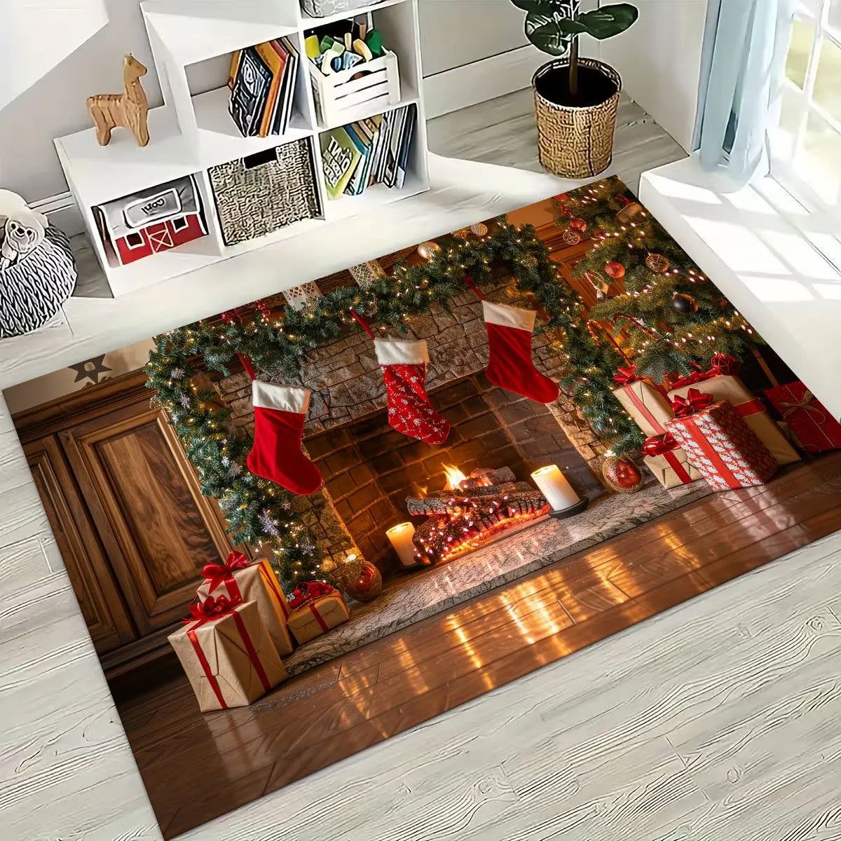 Merry Christmas Tree Santa Claus Cartoon Happy New Year Gift Carpet Rug for Bedroom Living Room Sofa Home Doormat Decor,Non-slip