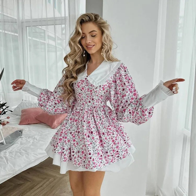 Tossy Ruffled Fashion Printed Mini Dress For Women V-Neck Patchwork Contrast Slim Long Sleeve Party Dress Female Bodycon Dress