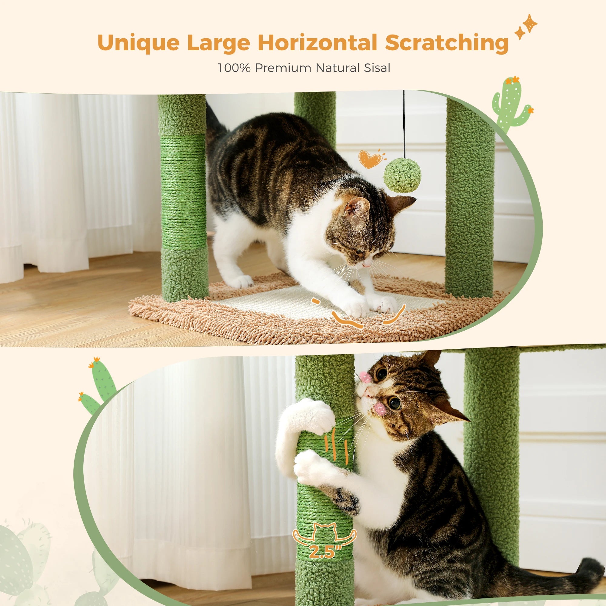 شجرة قطط مصنوعة من الصبار مع أعمدة خدش مغطاة بالسيزال، شقة كبيرة، أرجوحة مريحة ومجثم فاخر، برج قطط للاستخدام الداخلي، بيت قطط