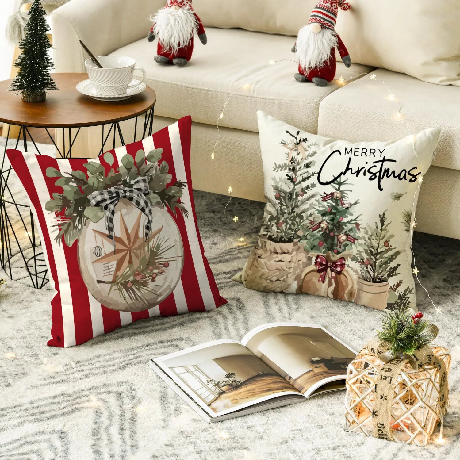 1pc/4pcs Christmas Pillow Cover, Black and Red Buffalo Plaid Celebration Christmas Tree Snowflake Decoration Sofa Cushion Cover
