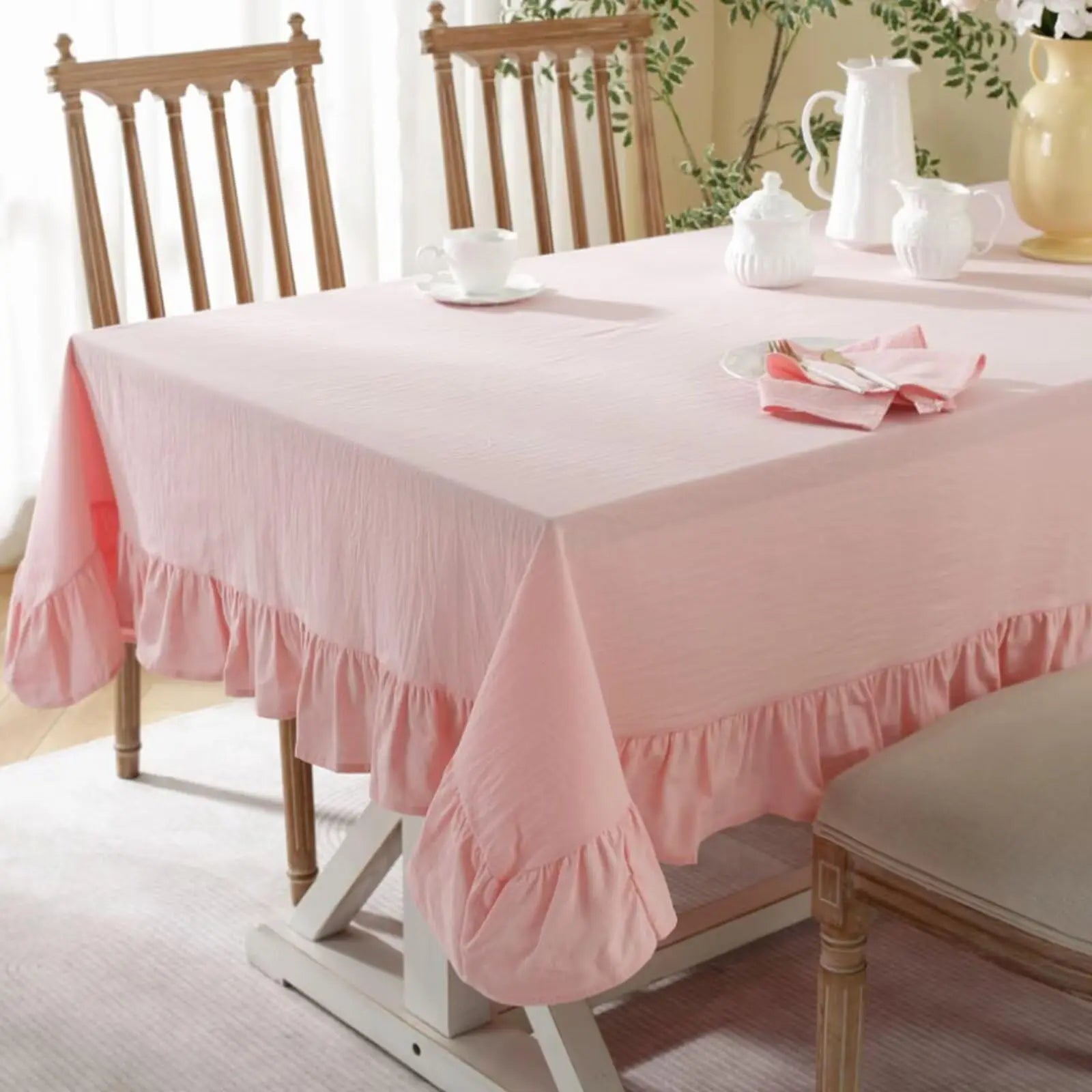Solid Color Ruffled Tablecloth Cotton Rectangular Square Table Cover Decoration for Kitchen Dinning