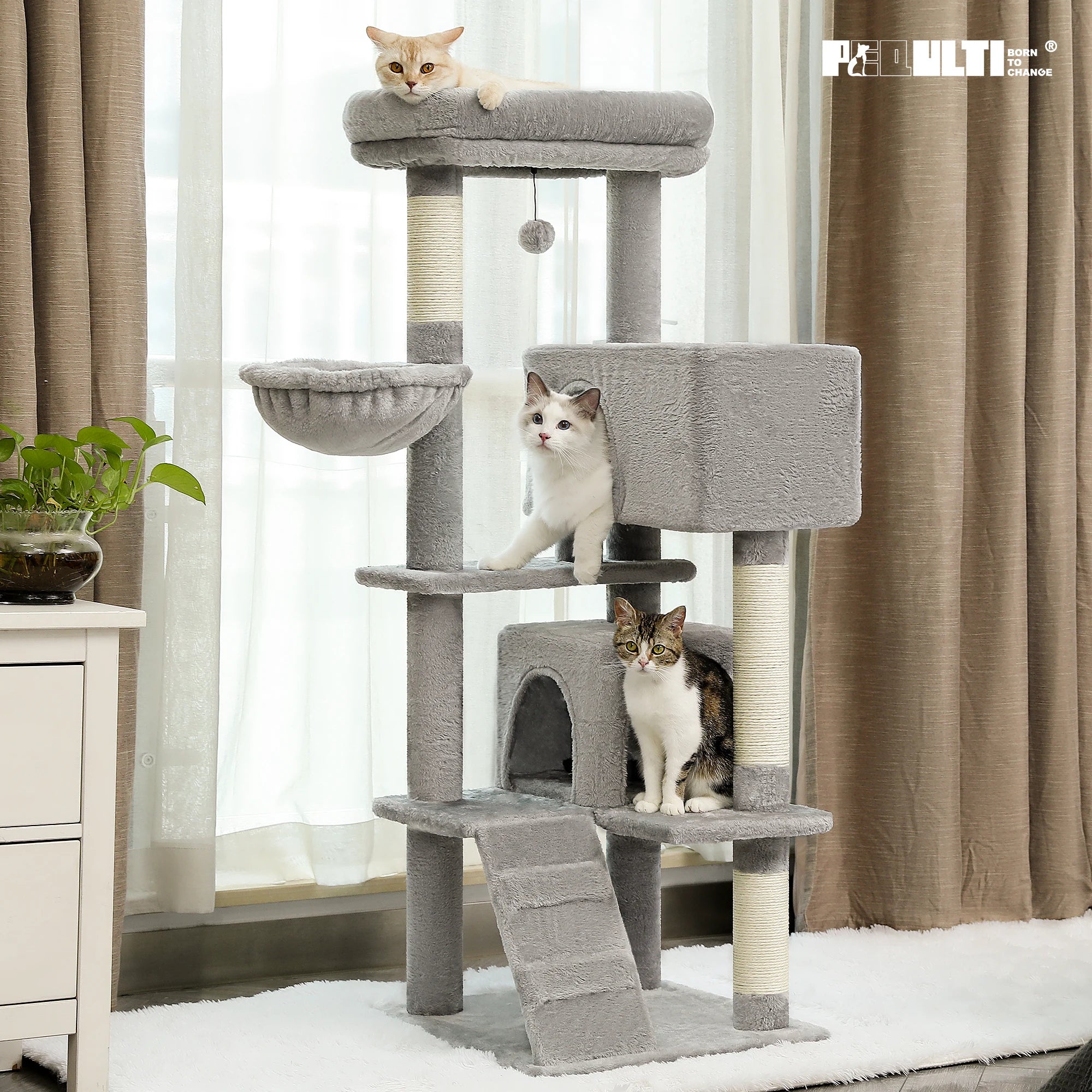 Stable&Safe Multi-Level Cat Tree Tower with Cozy Condo,Scratching Posts&Boards,Perches,Hammock,Pompoms for Active Cats,Cat Toys