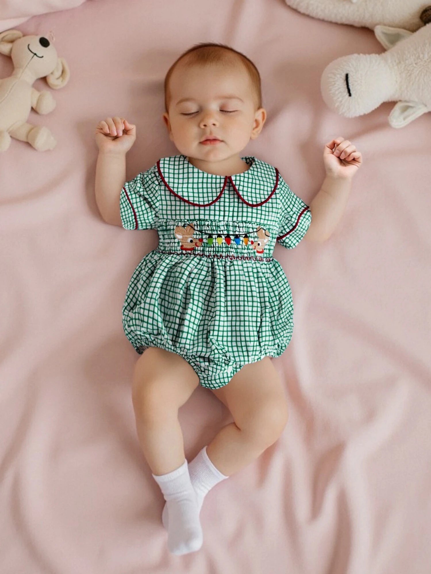 0-18M Infant Baby Girls Boys Christmas Romper Plaid Print Lamp String Embroidery Short Sleeve Doll Collar Bodysuit/Tank Jumpsuit