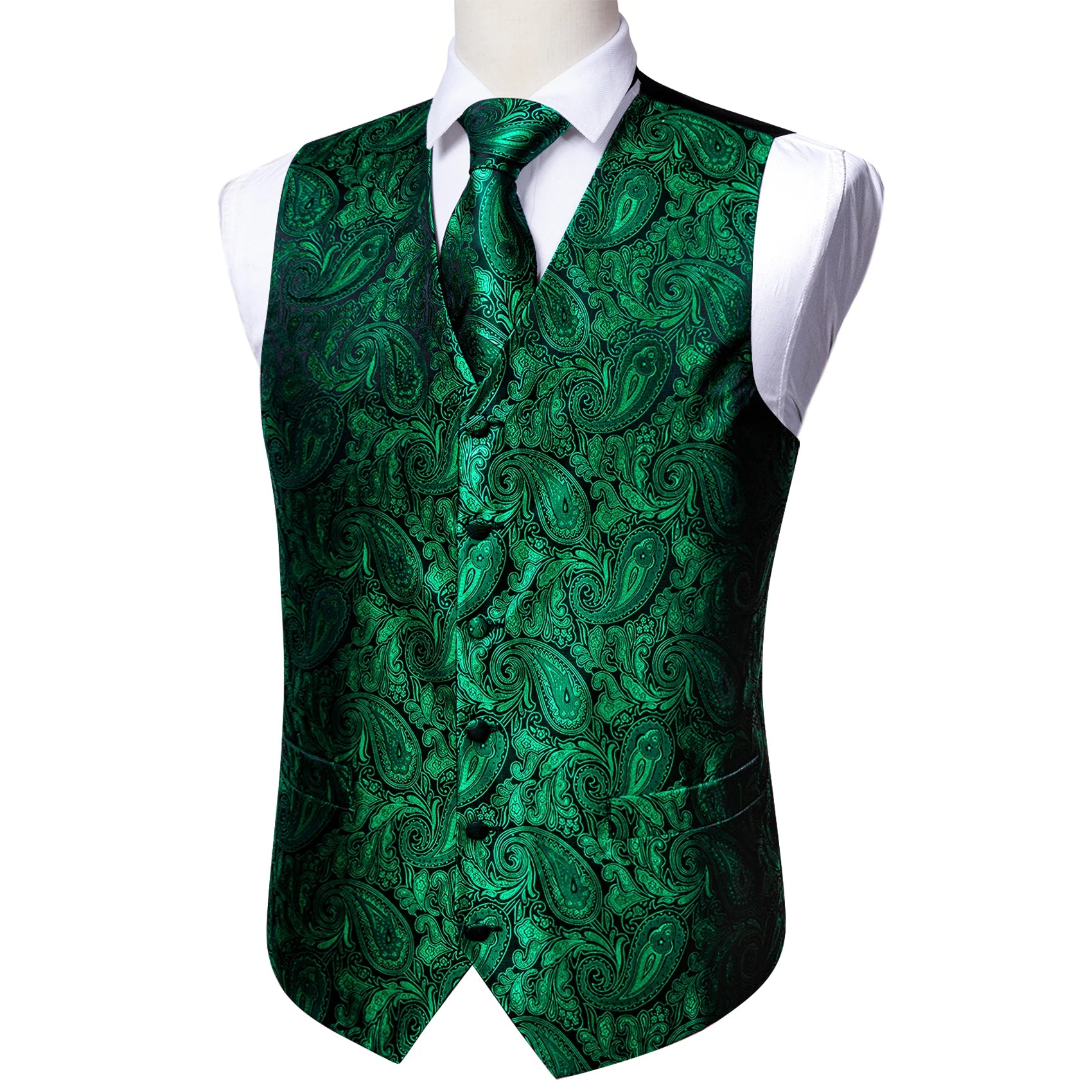 Elegant Vest for Men Silk Green Paisley Plaid Flower Slim Fit Male Suit Embroidered Waistcoat Dress Formal Jacket Barry Wang