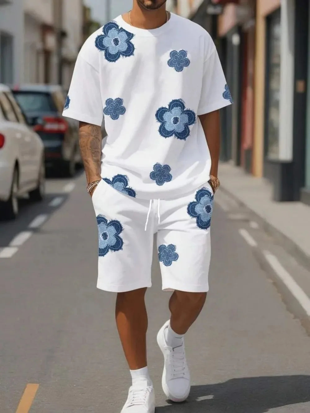 Men's 3D printed round neck short sleeved breathable and comfortable round neck T-shirt shorts set outdoor casual two-piece set