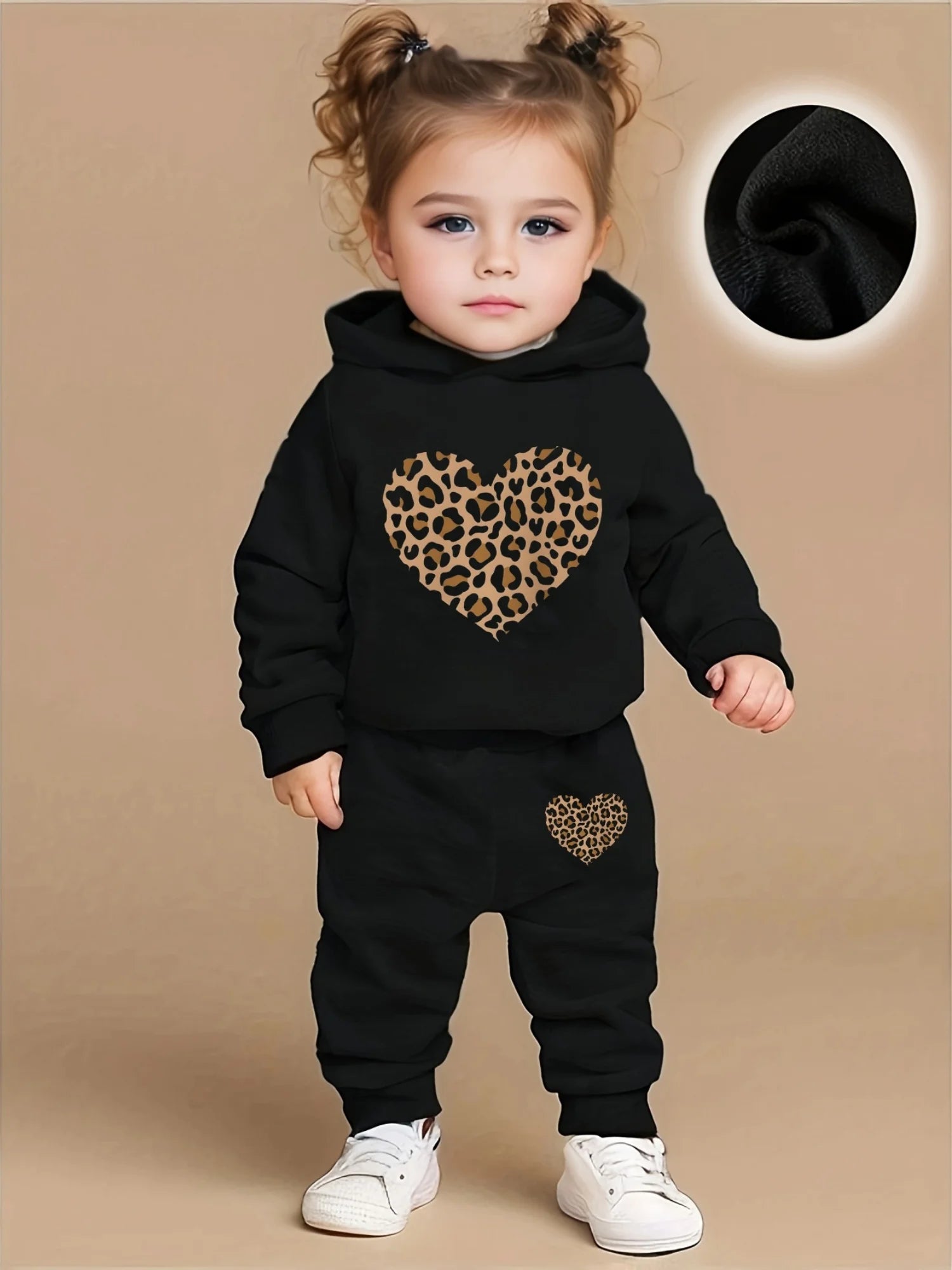 Newborn Baby Girl's Fashion Fleece Hoodie with Leopard Heart Design + Casual Sports Pants Set (Autumn/Winter