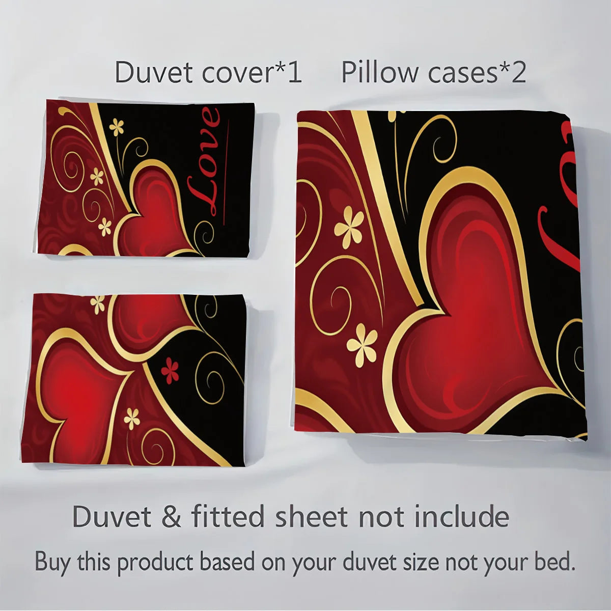 3pcs (1 duvet cover, 2 pillowcases, coreless), black and red Valentine's Day heart, Love design printed pattern bedding set